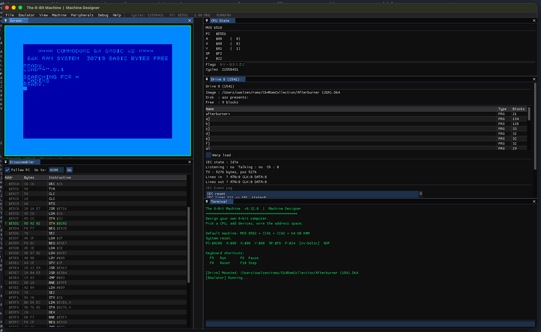 Commodore 64 running with debugger panels